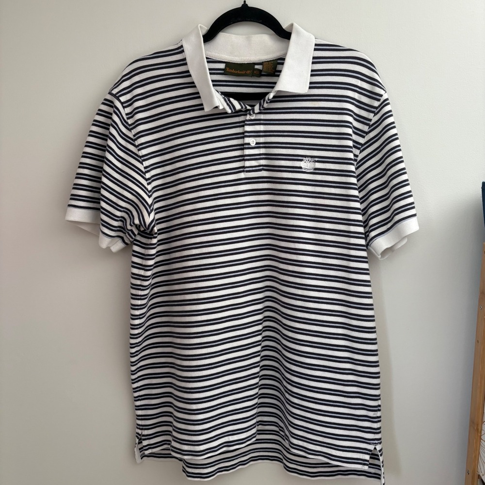 Timberland‎ Mens XL Striped Polo Shirt Navy Blue White Short Sleeve Cotton Pique